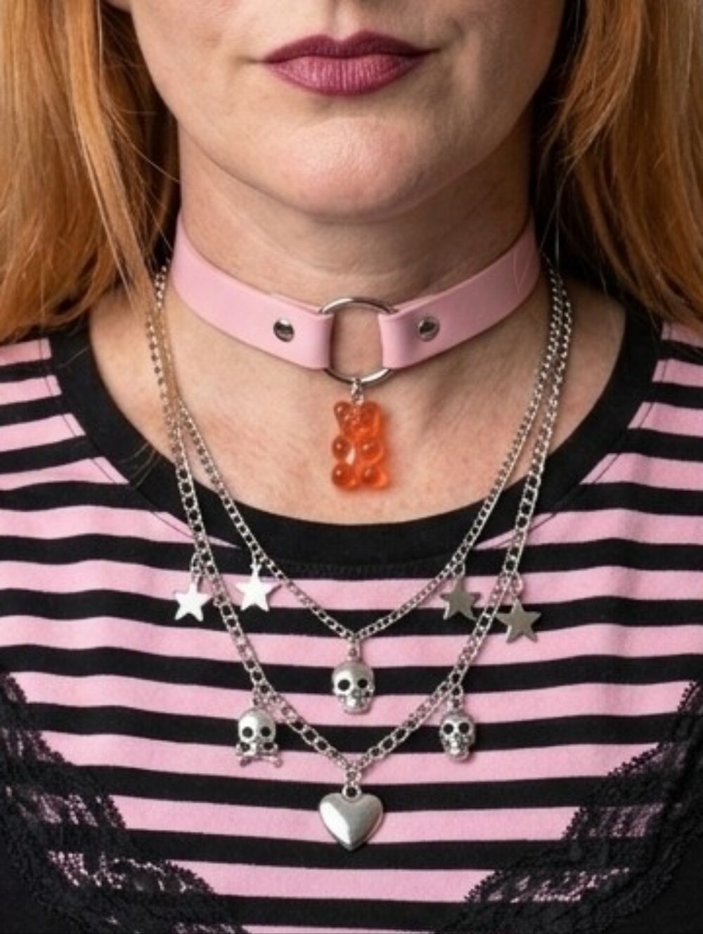 Bodyrage Pink Gummy Bear O-Ring Collar Choker • Pastel Goth Y2K 90s Alternative
